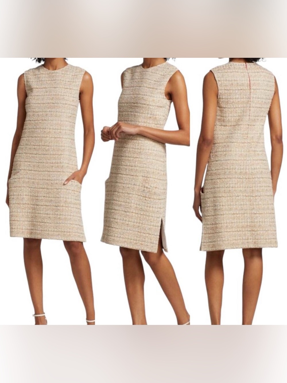 St. John New Sleeveless Tweed Knit Dress Jewel Neck Pockets Neutral Sz 8 $1,495 - Picture 8 of 16